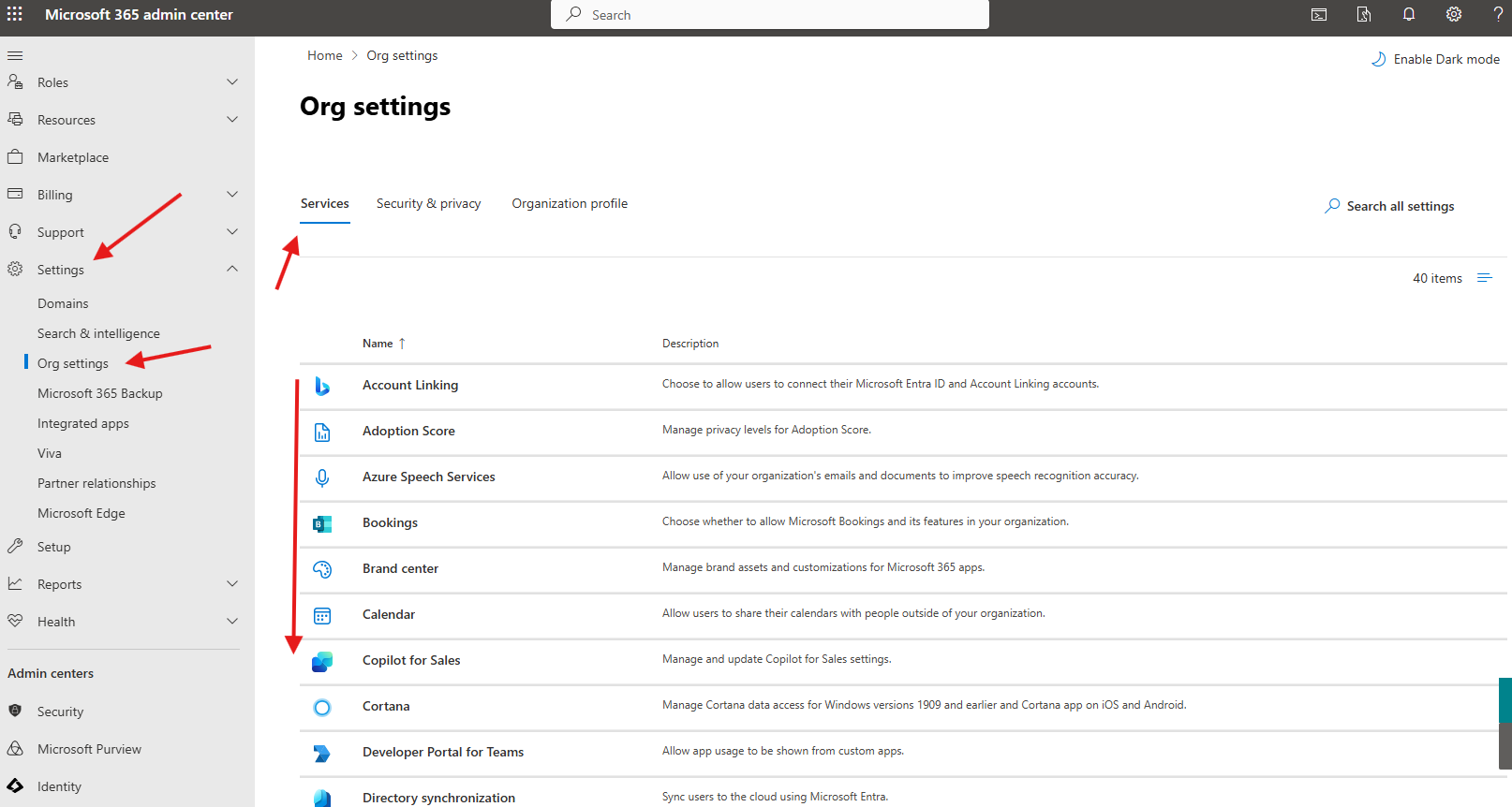 Services in O365 admin center