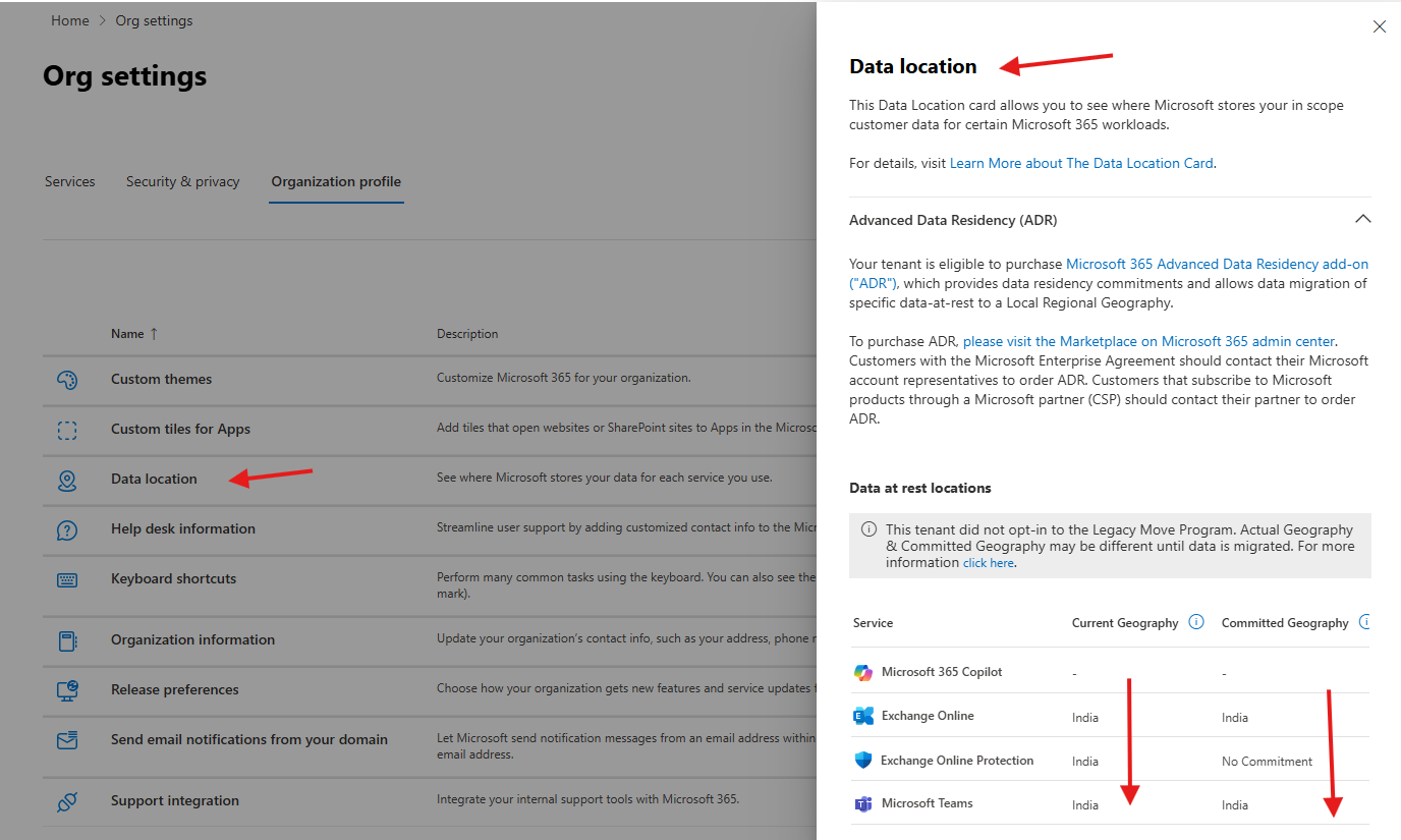 Org profile settings in O365 admin center