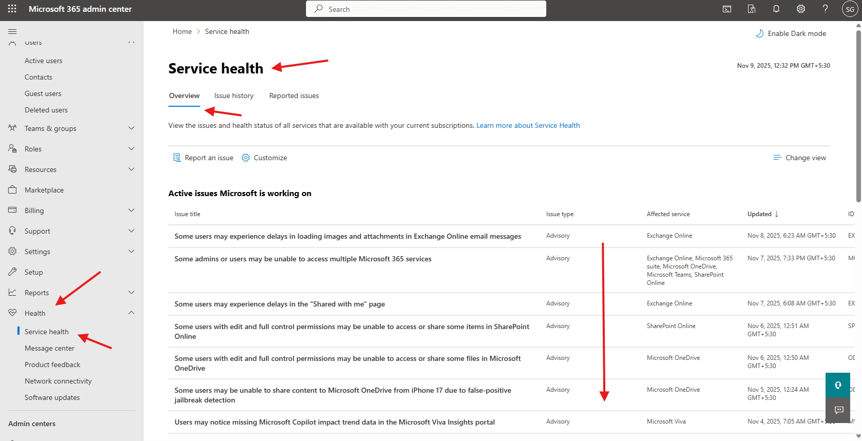 How to check Service health in O365