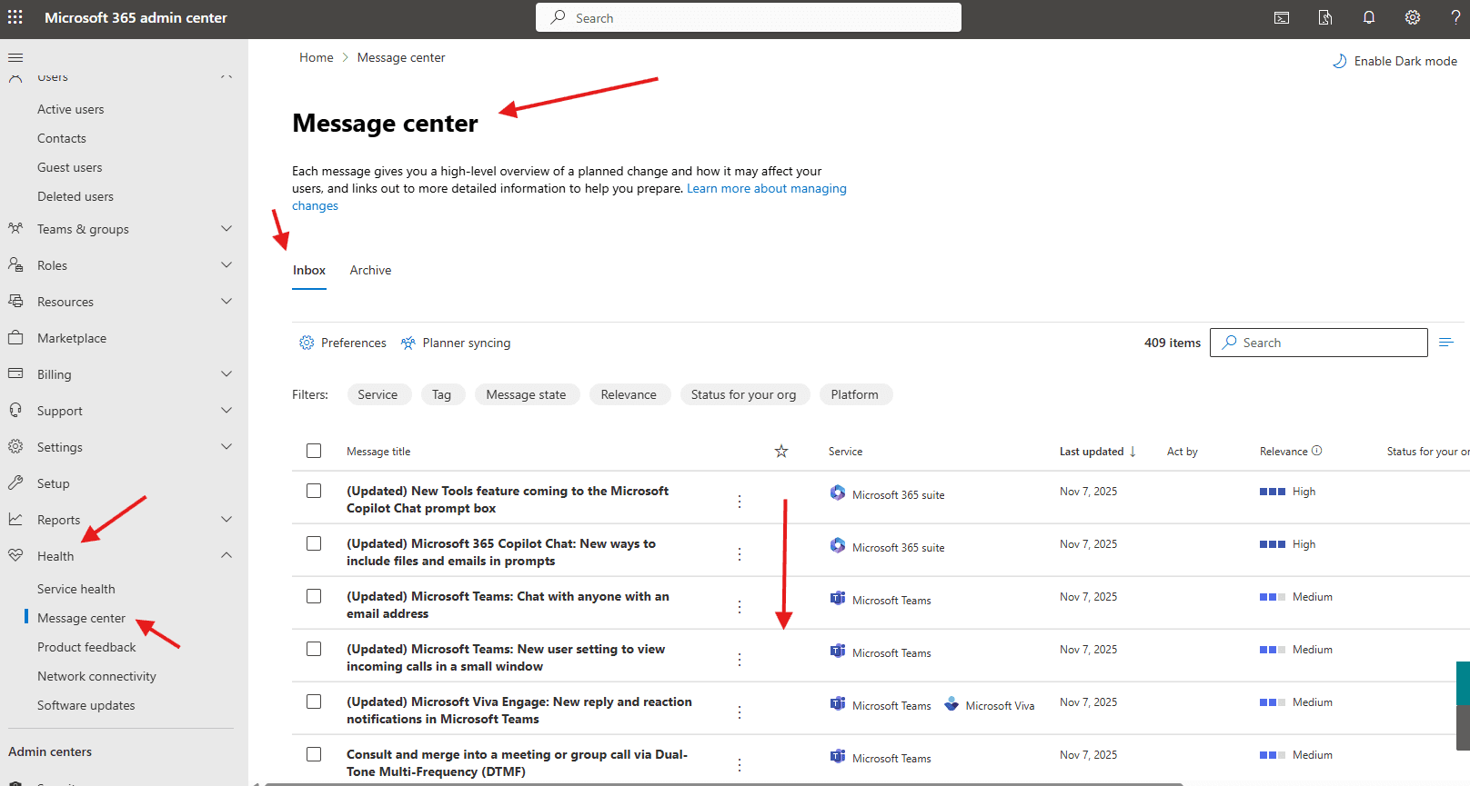 Message center in O365 admin center