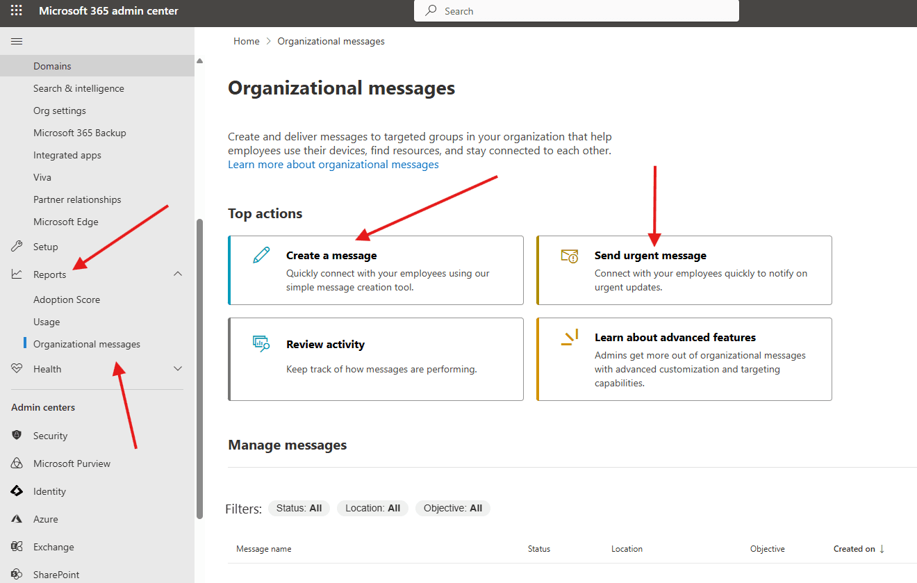 How to send Organizational messages via O365 admin center