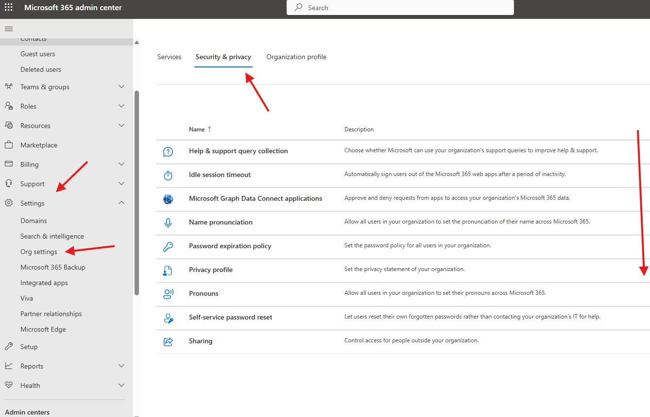 Security and privacy settings in O365