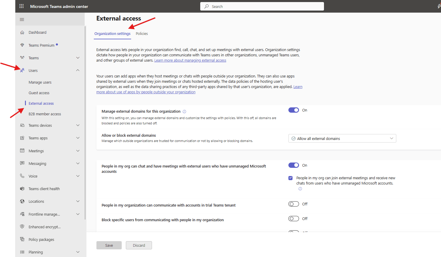 External access in Teams admin center