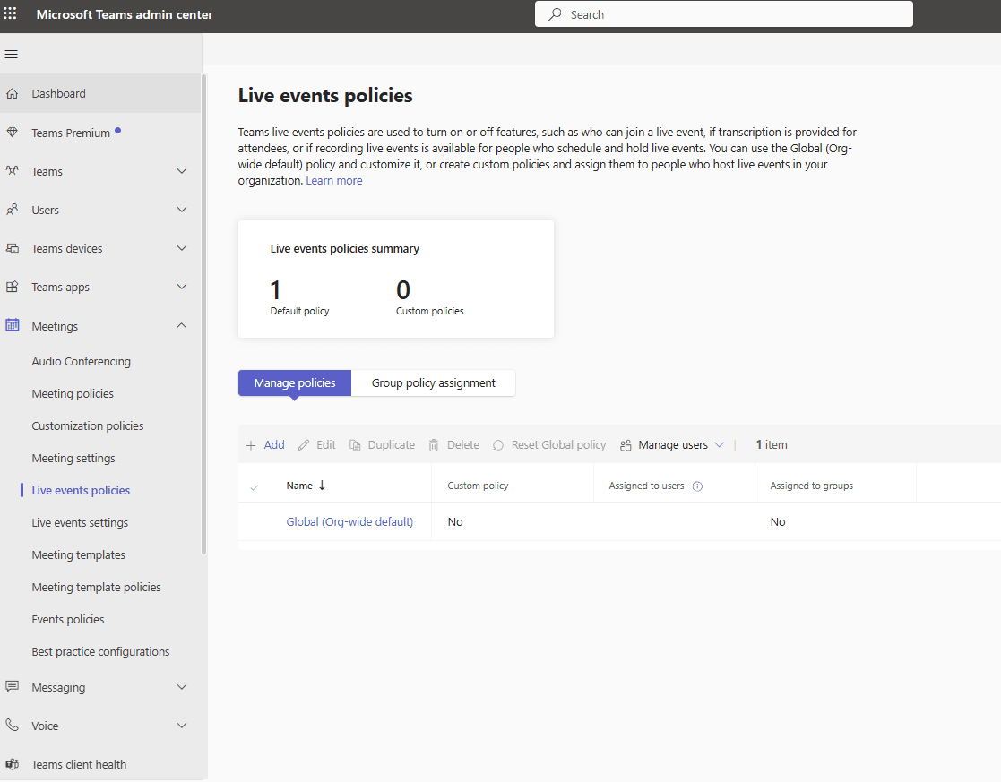 Live events policies in Teams admin center