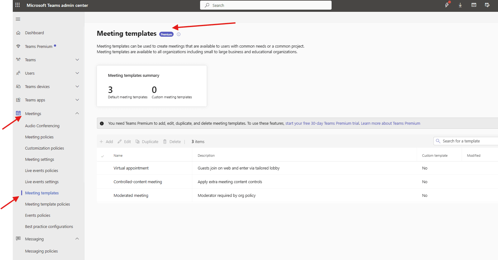 Meeting templates in Teams admin center