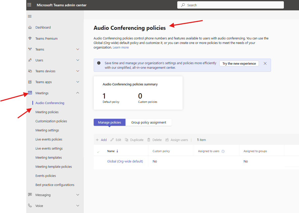 Audio Conferencing policies in Teams admin center