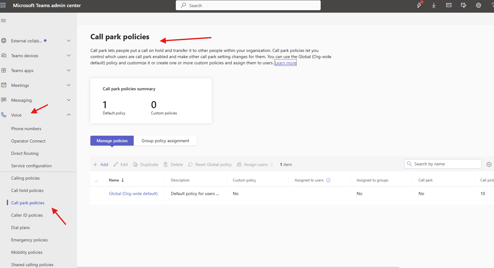 Call park policies in Microsoft Teams