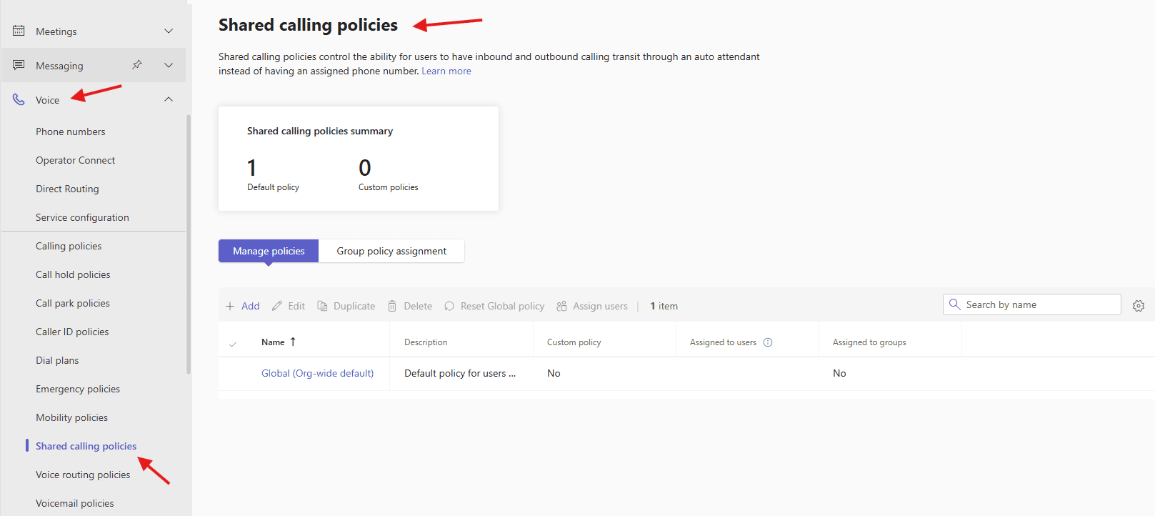 Shared calling policies in MS Teams