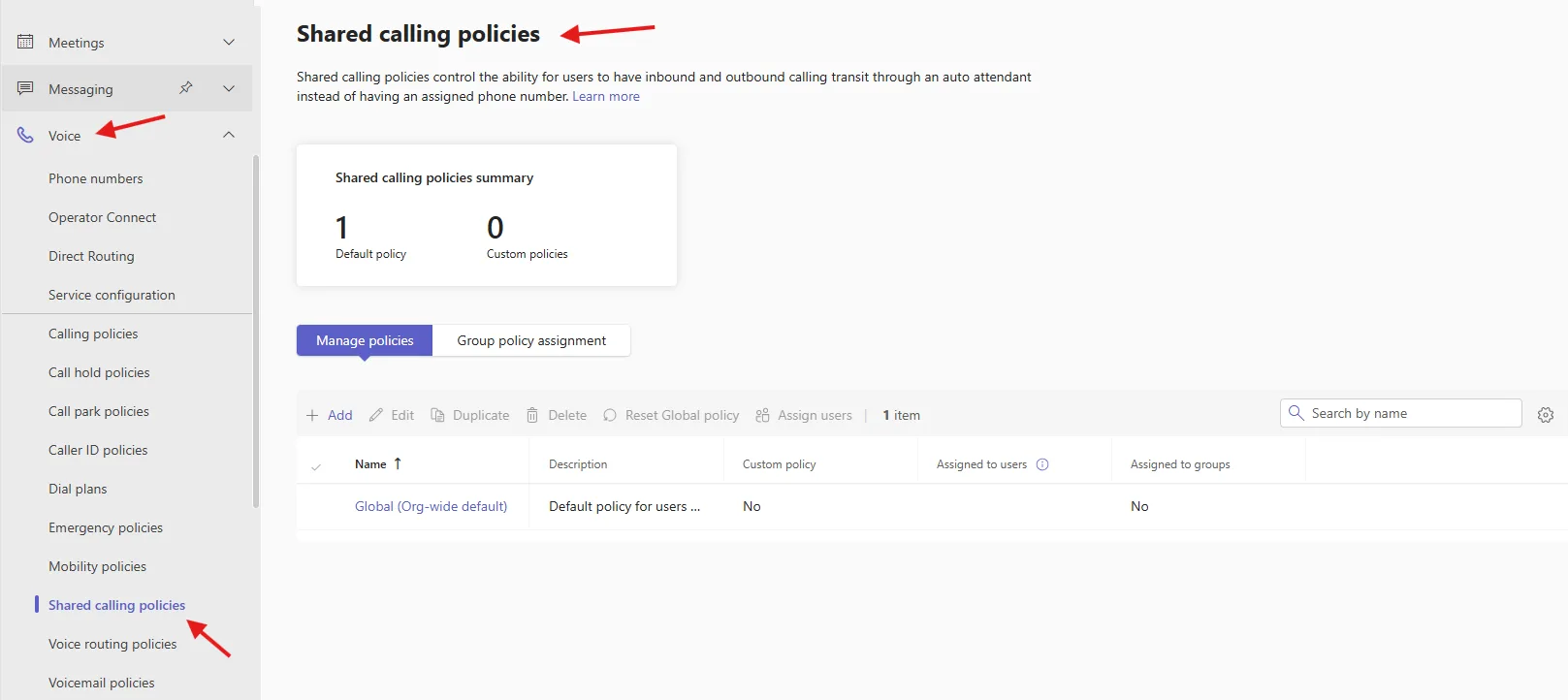Shared calling policies in MS Teams