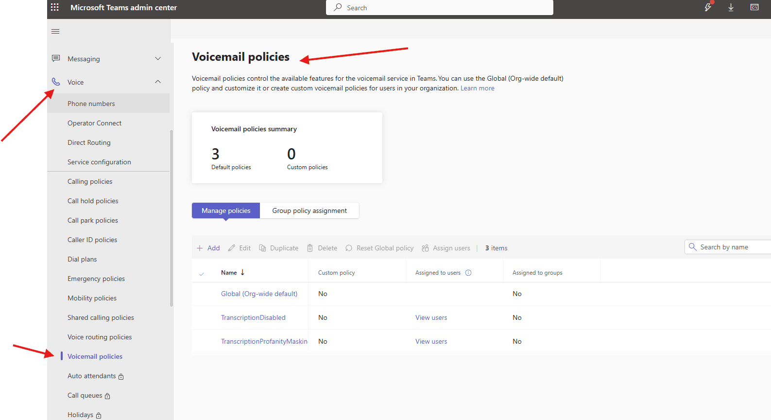 Voicemail policies in Microsoft Teams