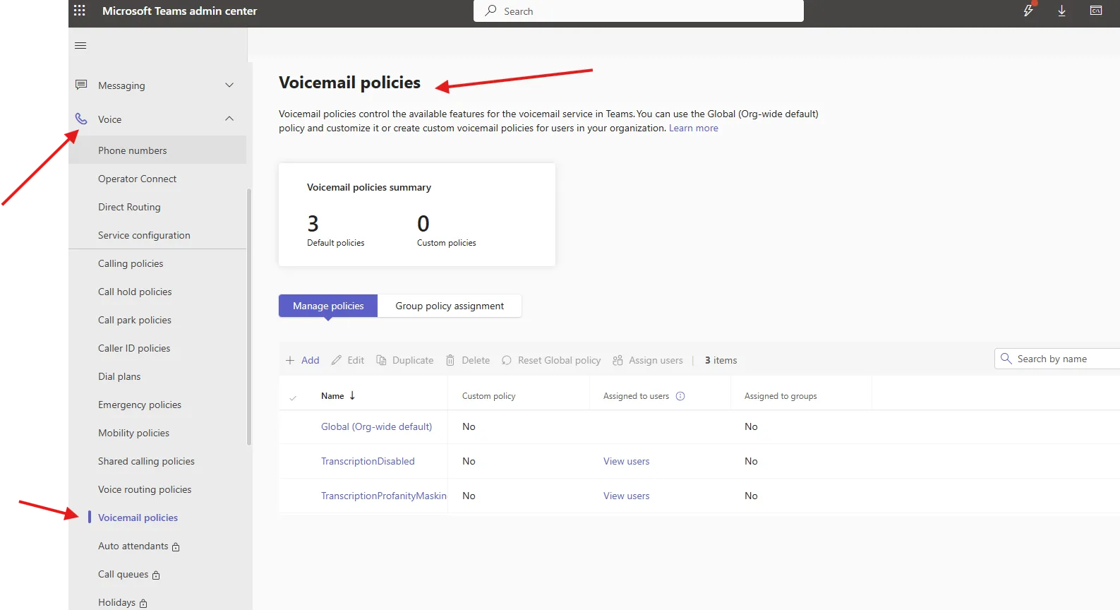 Voicemail policies in Microsoft Teams