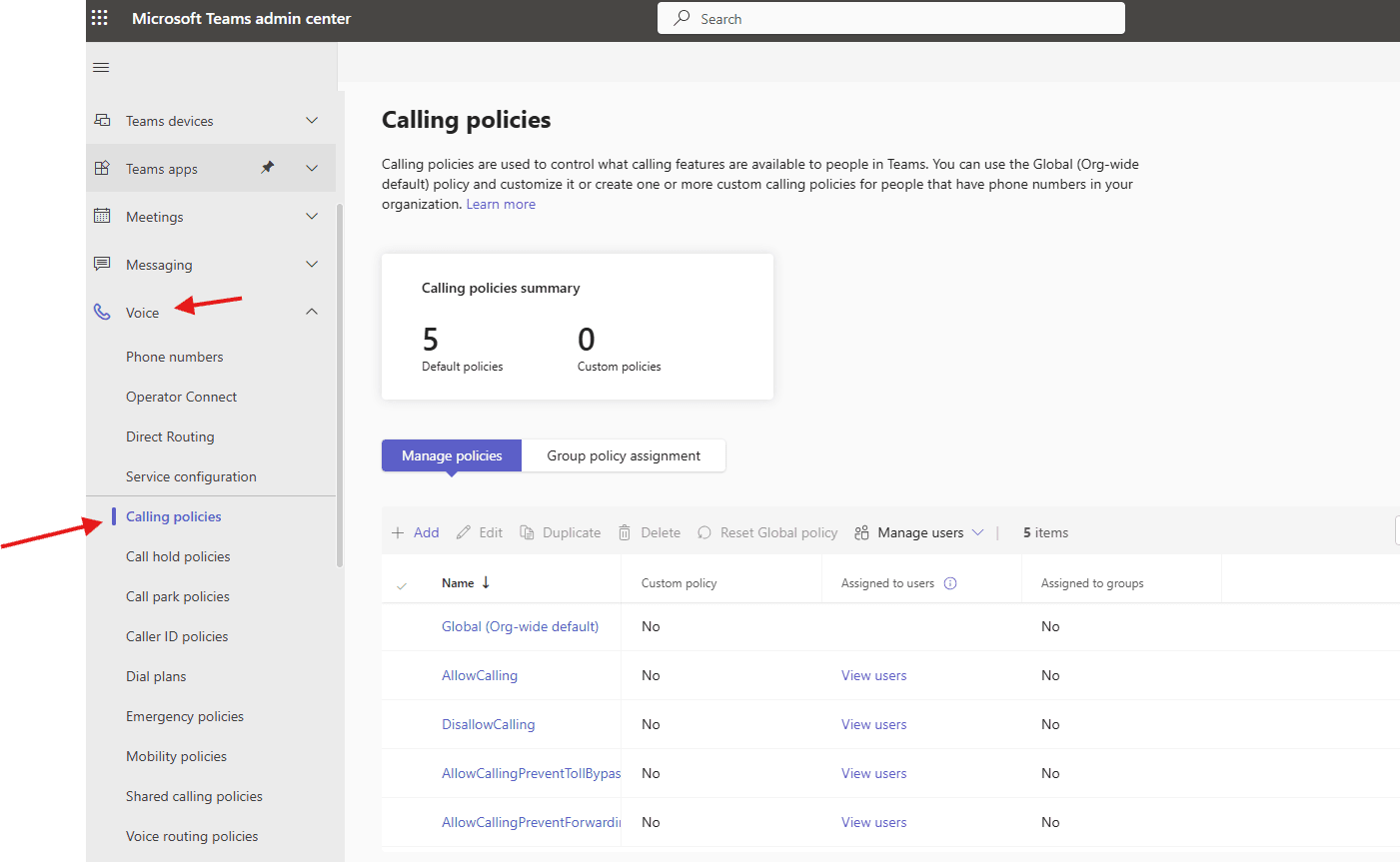 Calling policies in Microsoft Teams
