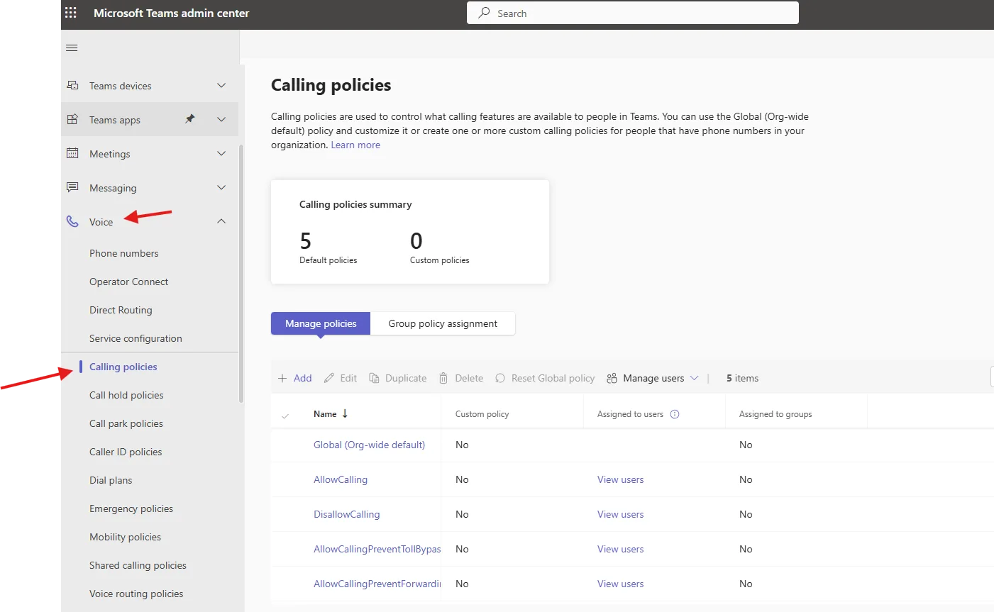 Calling policies in Microsoft Teams