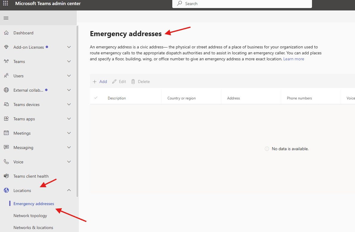How to add Emergency addresses in Microsoft Teams