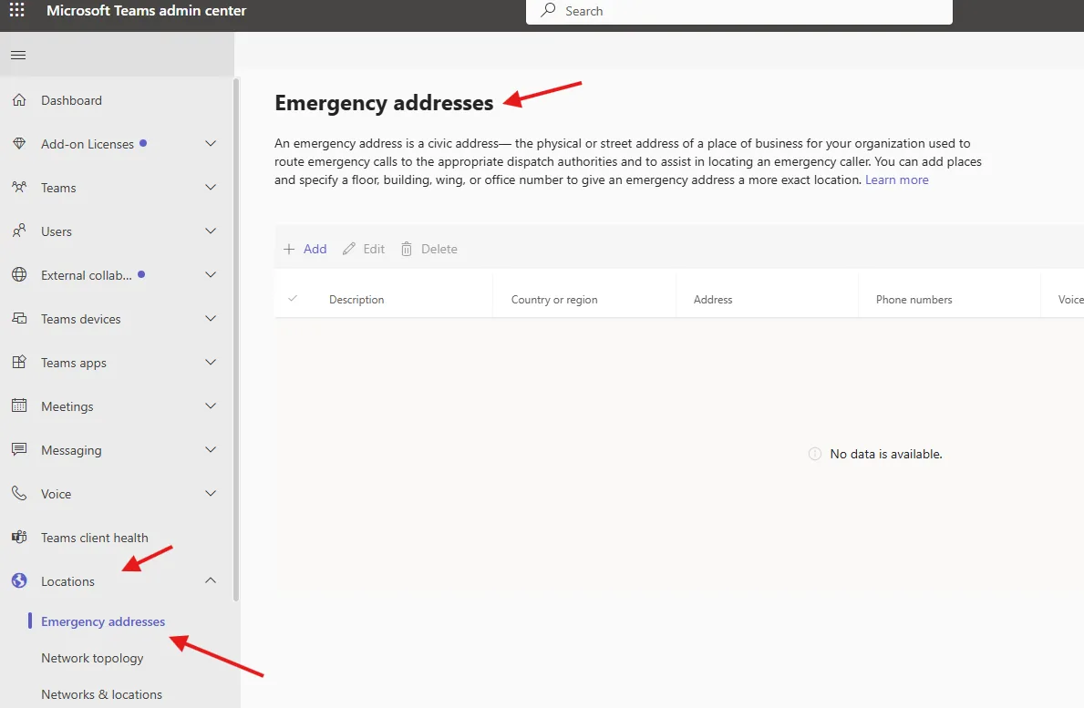 How to add Emergency addresses in Microsoft Teams