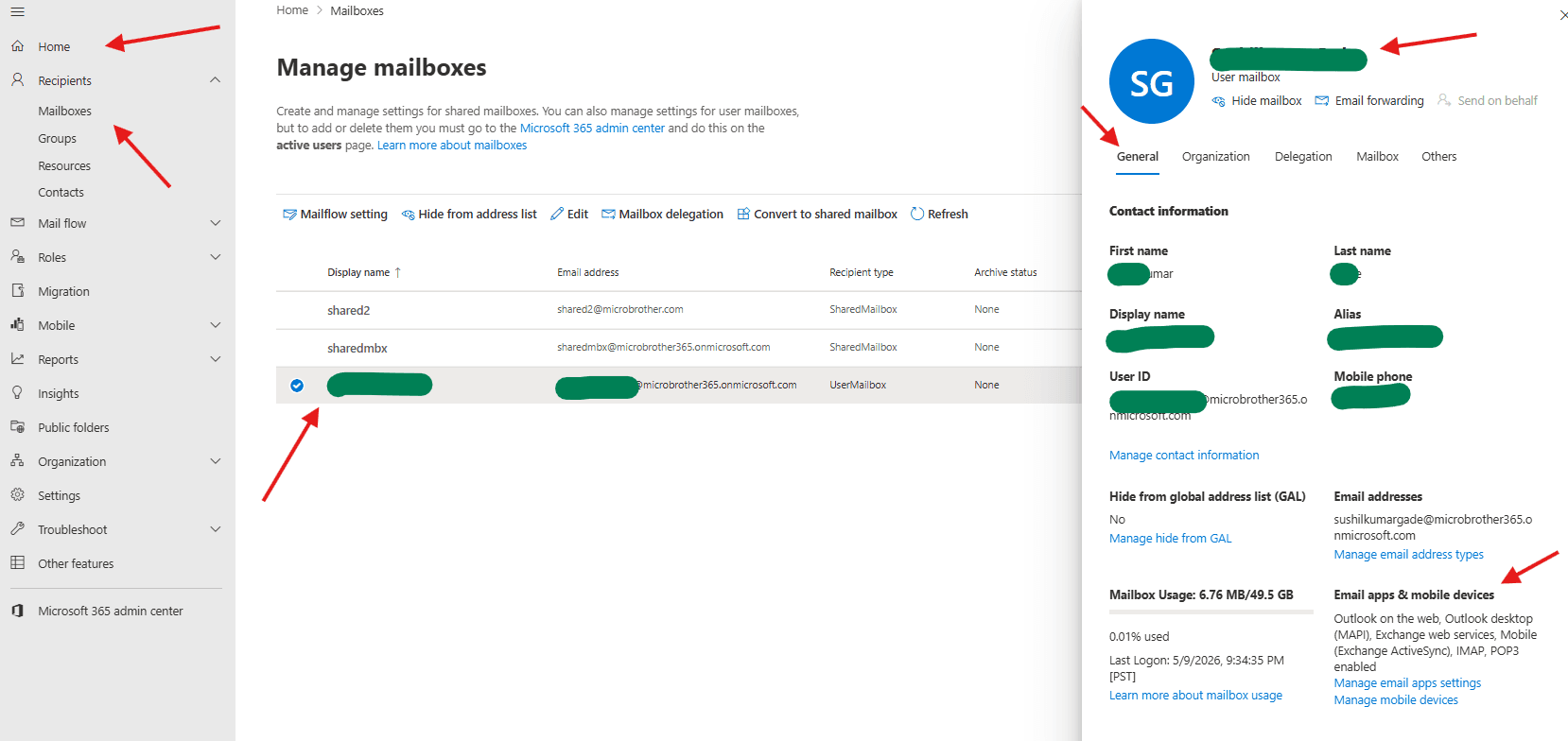 Manage Email apps & mobile devices settings of a mailbox